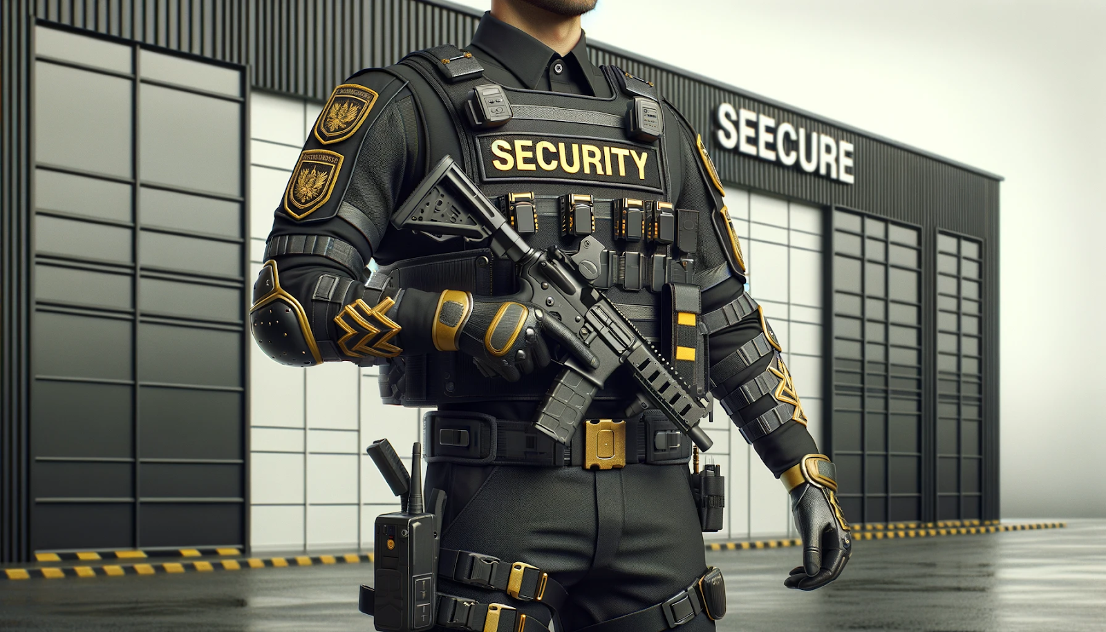 security guard in black uniform holding a rifle